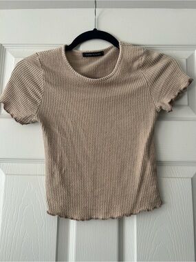 Caution To The Wind Ribbed Short Sleeve Top in Beige